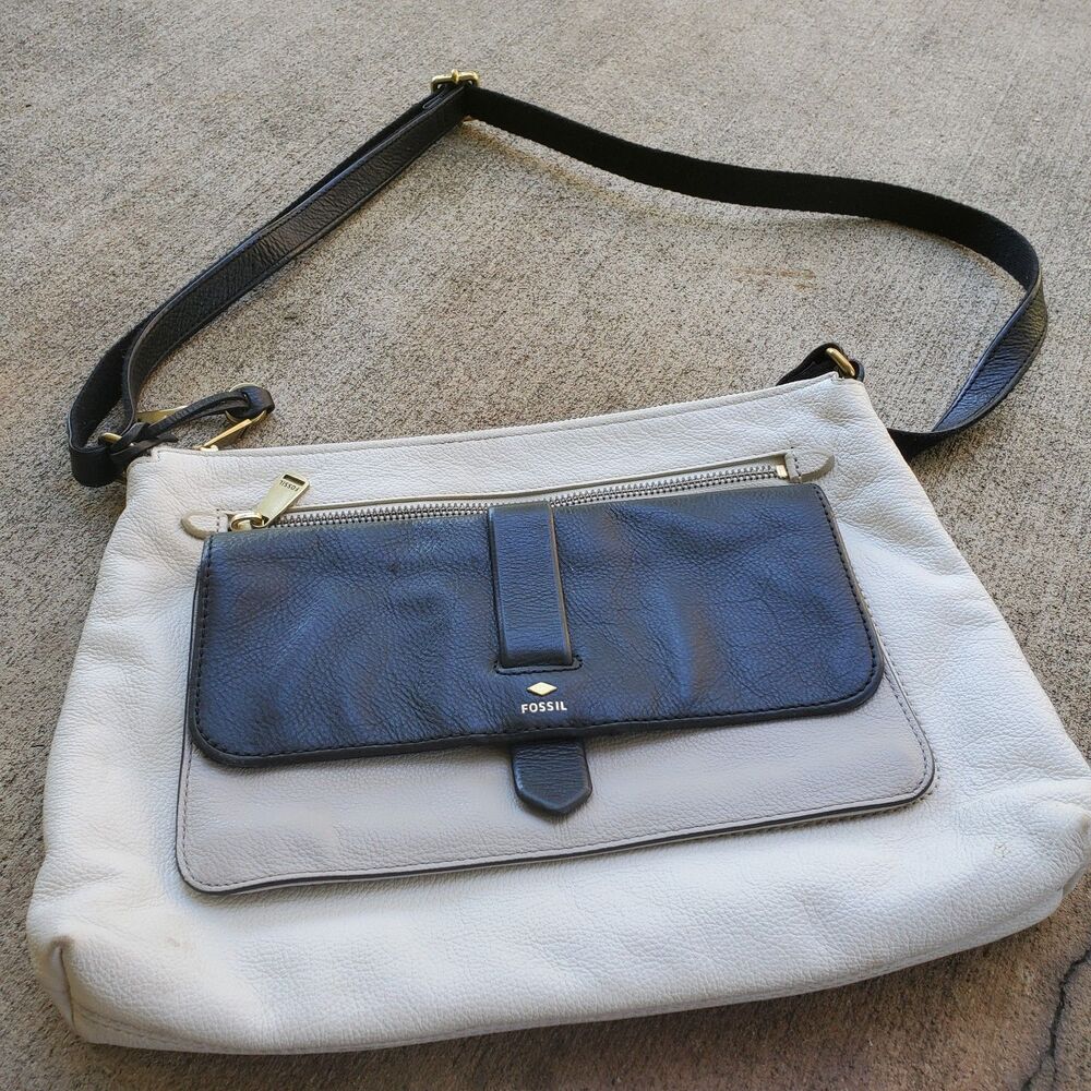 Fossil Kinley Cream Black Leather Crossbody Bag